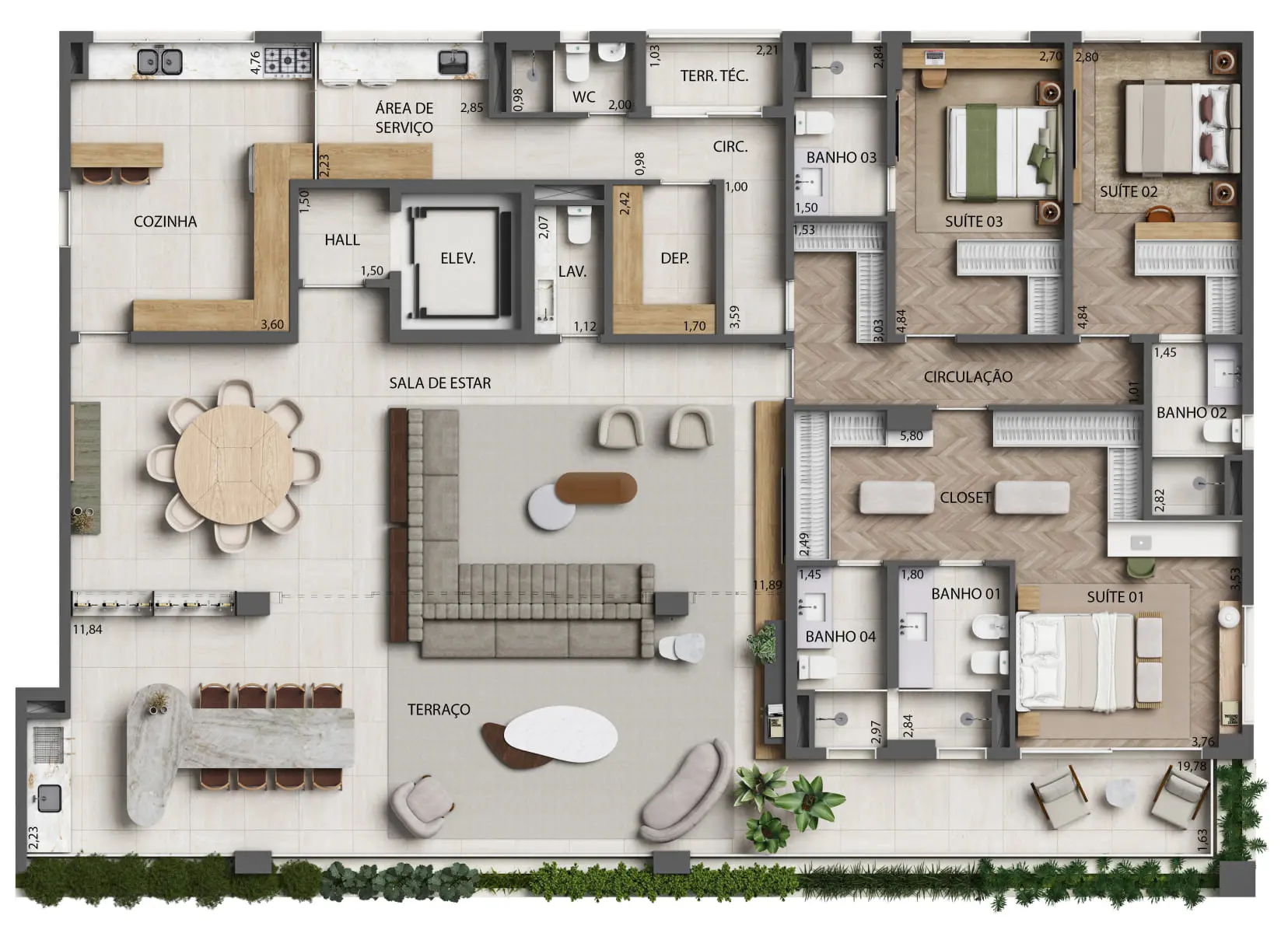 8 - Planta 3 Suítes Opção Living Integrado ao Terraço - 284m² - Finais 1 e 2 - Torre 2 (Perspectiva Artística)