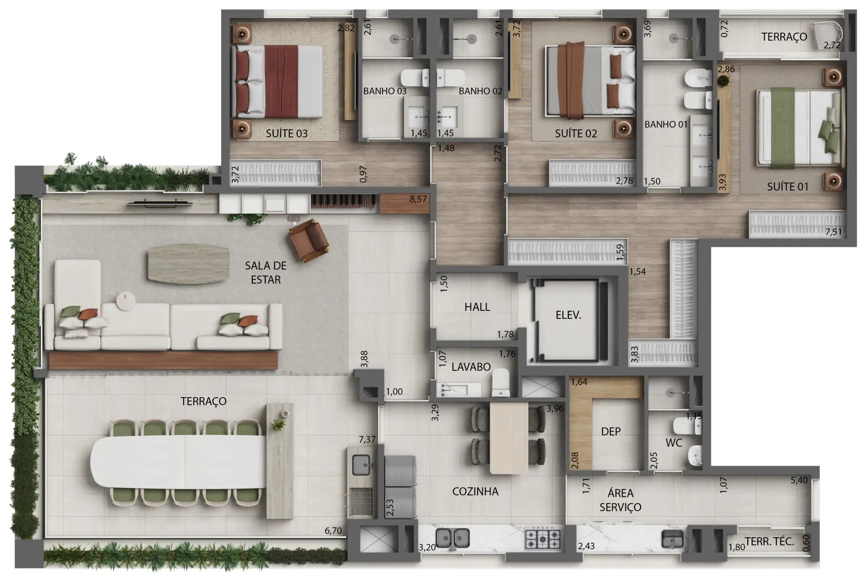 4 Planta 3 Suítes Opção Living Integrado ao Terraço - 191m² - Final 1 - Torre 3 (Perspectiva Artística)