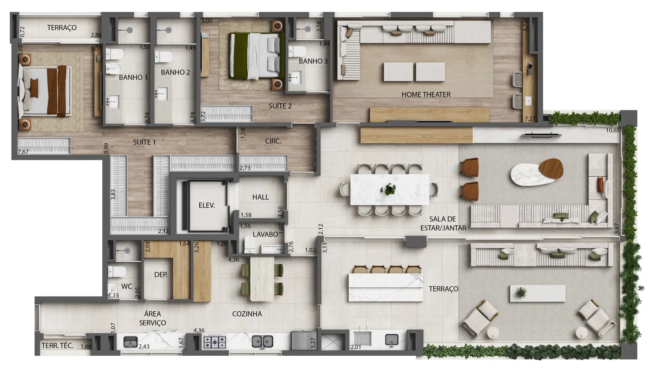 5 - Planta Opção 2 Suítes com sala de Home Theather - 241m² - Final 2 - Torre 3 (Perspectiva Artística)