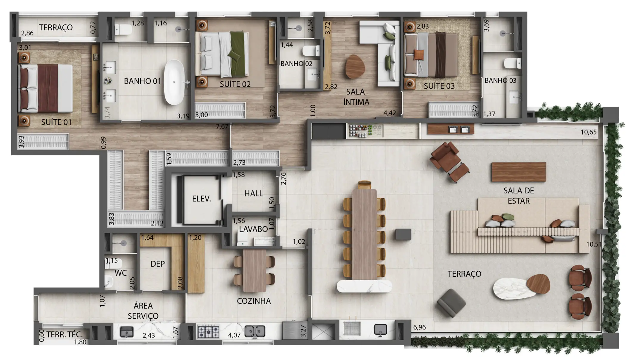 6 - Planta Opção 3 Suítes Living integrado com o terraço e sala íntima - 241m² - Final 2 - Torre 3 (Perspectiva Artística)